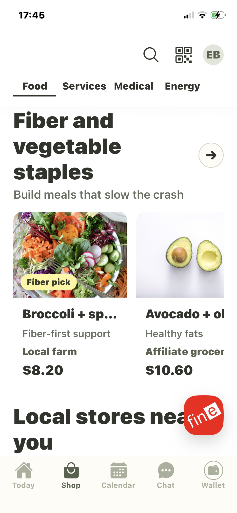 Fin-e Shop screen with food, services, medical, and energy categories