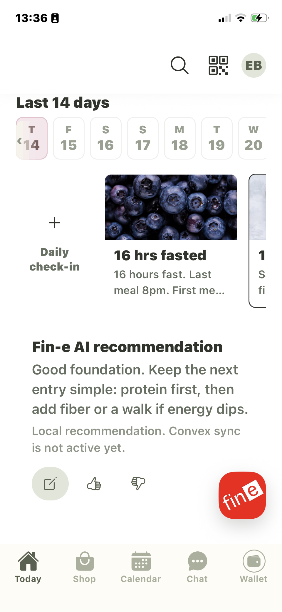 Fin-e Today screen showing recent days, fasting status, and AI recommendation