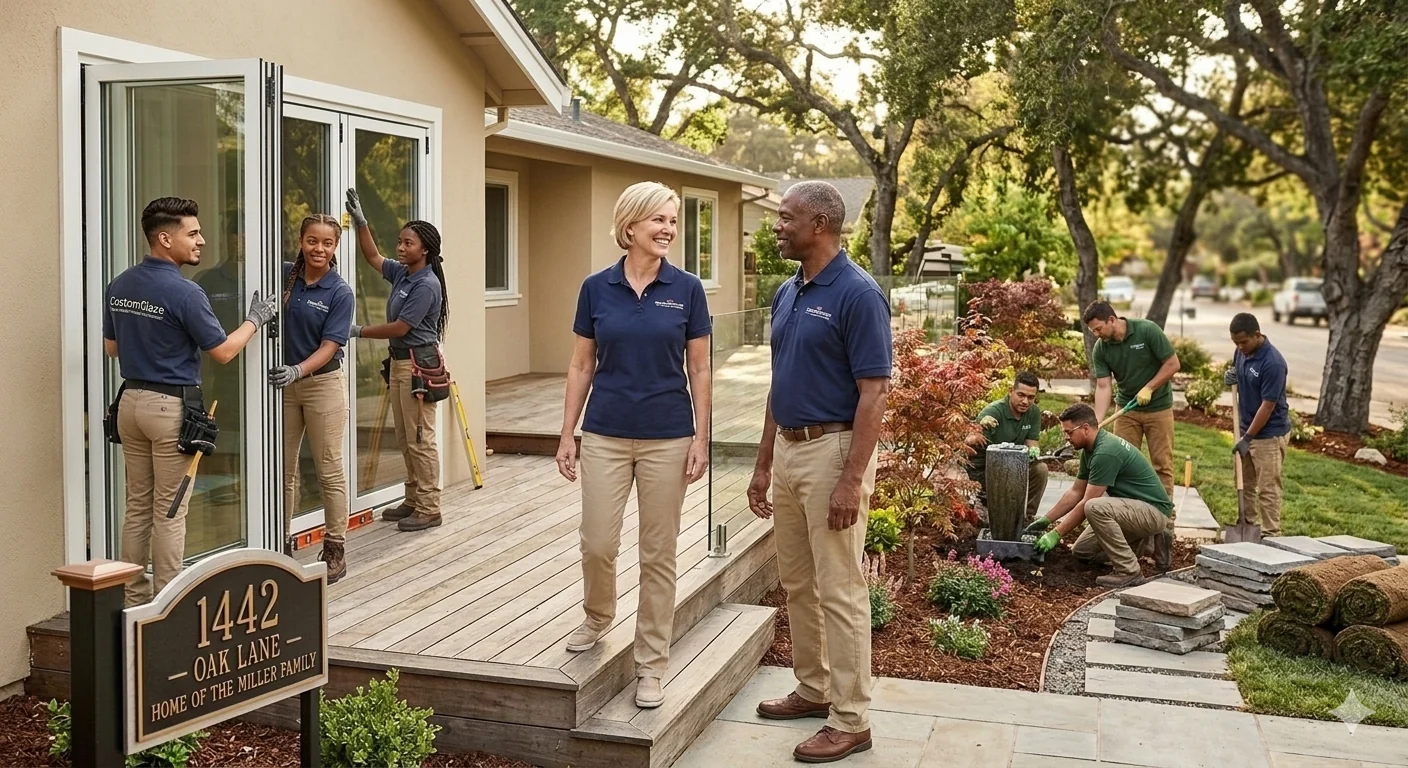 Homeowner supervising service workers doing property improvements