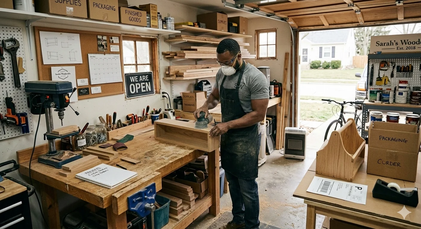 Sole proprietor working productively from a garage workspace